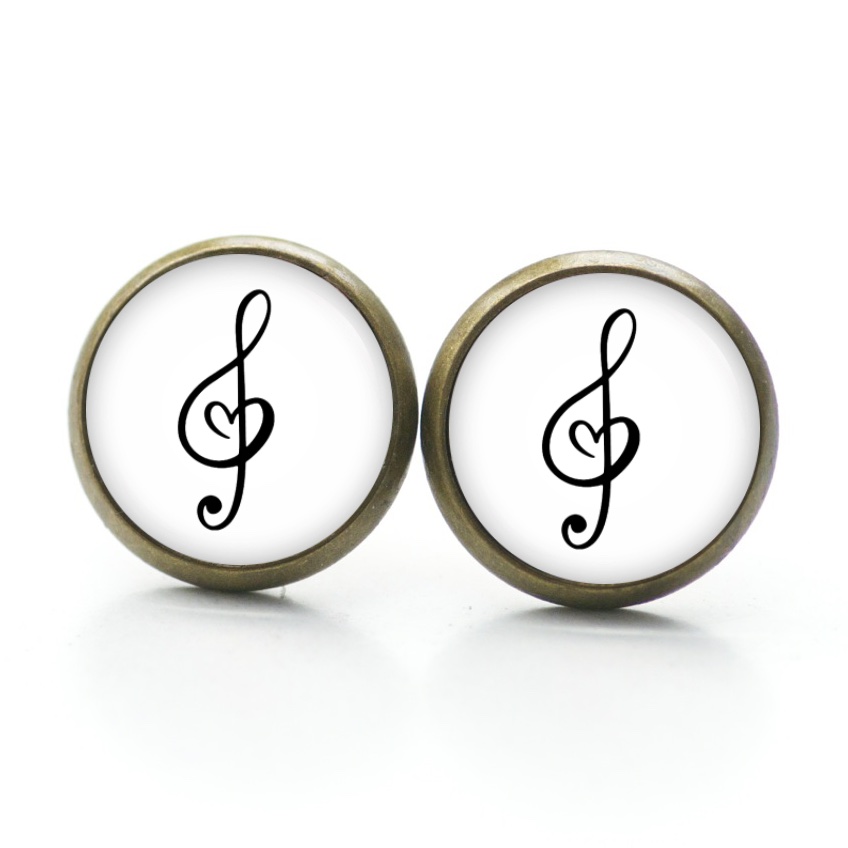 Ohrstecker, Ohrhänger, Clipse & Druckknopf – Motiv Herz Musik Notenschlüssel schwarz weiß – Schmuck aus Edelstahl Ohrstecker, Ohrhänger, Clipse & Druckknopf – Motiv Herz Musik Notenschlüssel schwarz weiß – Schmuck aus Edelstahl