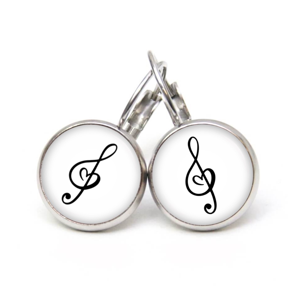 Ohrstecker, Ohrhänger, Clipse & Druckknopf – Motiv Herz Musik Notenschlüssel schwarz weiß – Schmuck aus Edelstahl Ohrstecker, Ohrhänger, Clipse & Druckknopf – Motiv Herz Musik Notenschlüssel schwarz weiß – Schmuck aus Edelstahl