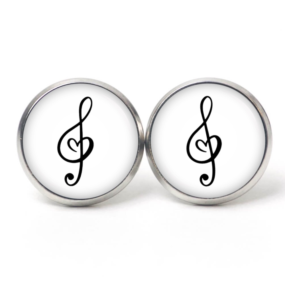 Ohrstecker, Ohrhänger, Clipse & Druckknopf – Motiv Herz Musik Notenschlüssel schwarz weiß – Schmuck aus Edelstahl Ohrstecker, Ohrhänger, Clipse & Druckknopf – Motiv Herz Musik Notenschlüssel schwarz weiß – Schmuck aus Edelstahl