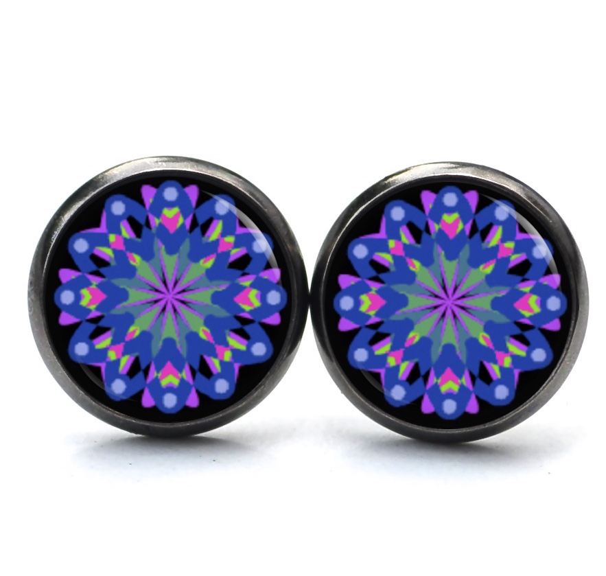 Ohrstecker, Ohrhänger, Clipse & Druckknopf – Motiv Kaleidoskop Mandala blau lila – Schmuck aus Edelstahl Ohrstecker, Ohrhänger, Clipse & Druckknopf – Motiv Kaleidoskop Mandala blau lila – Schmuck aus Edelstahl