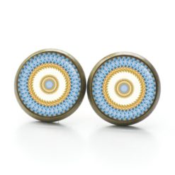 Ohrstecker, Ohrhänger, Clipse & Druckknopf – Motiv Mandala Mosaik blau gelb – Schmuck aus Edelstahl