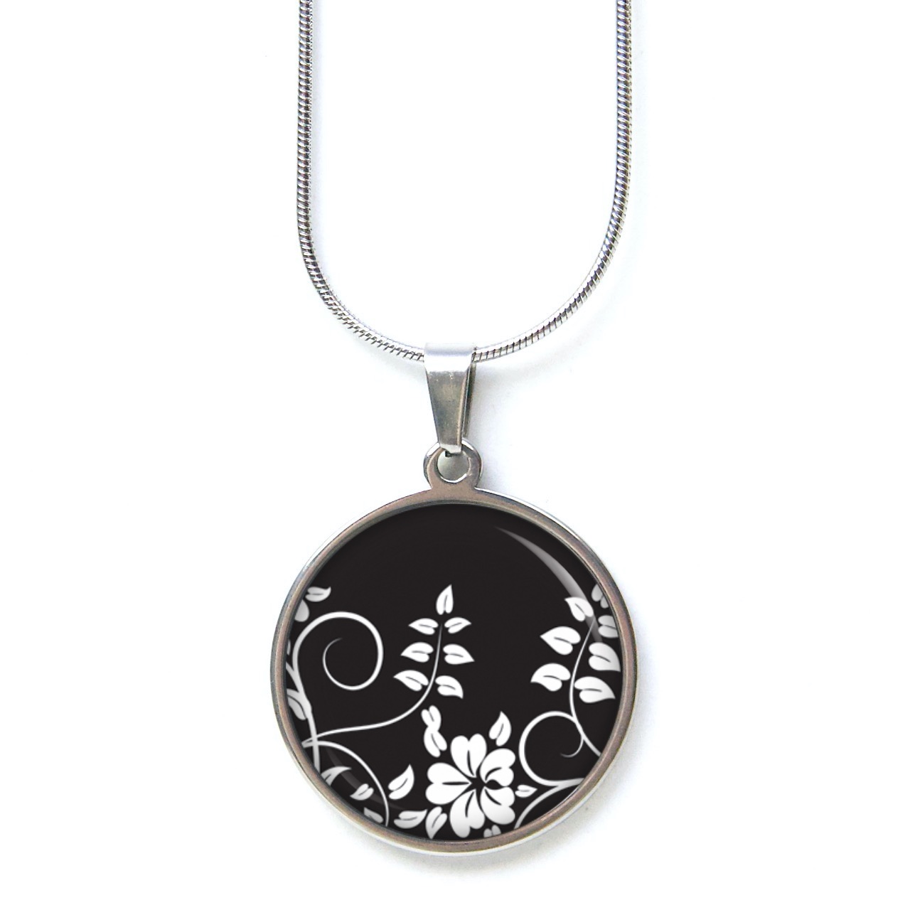 Edelstahl Kette mit Blumen Ornament schwarz weiß Edelstahl Kette mit Blumen Ornament schwarz weiß