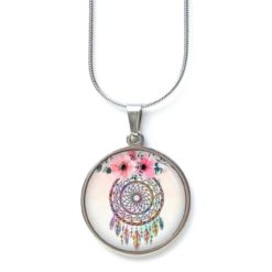 Edelstahl Kette Traumfänger Motiv - Blumen - Boho Schmuck - Rosa