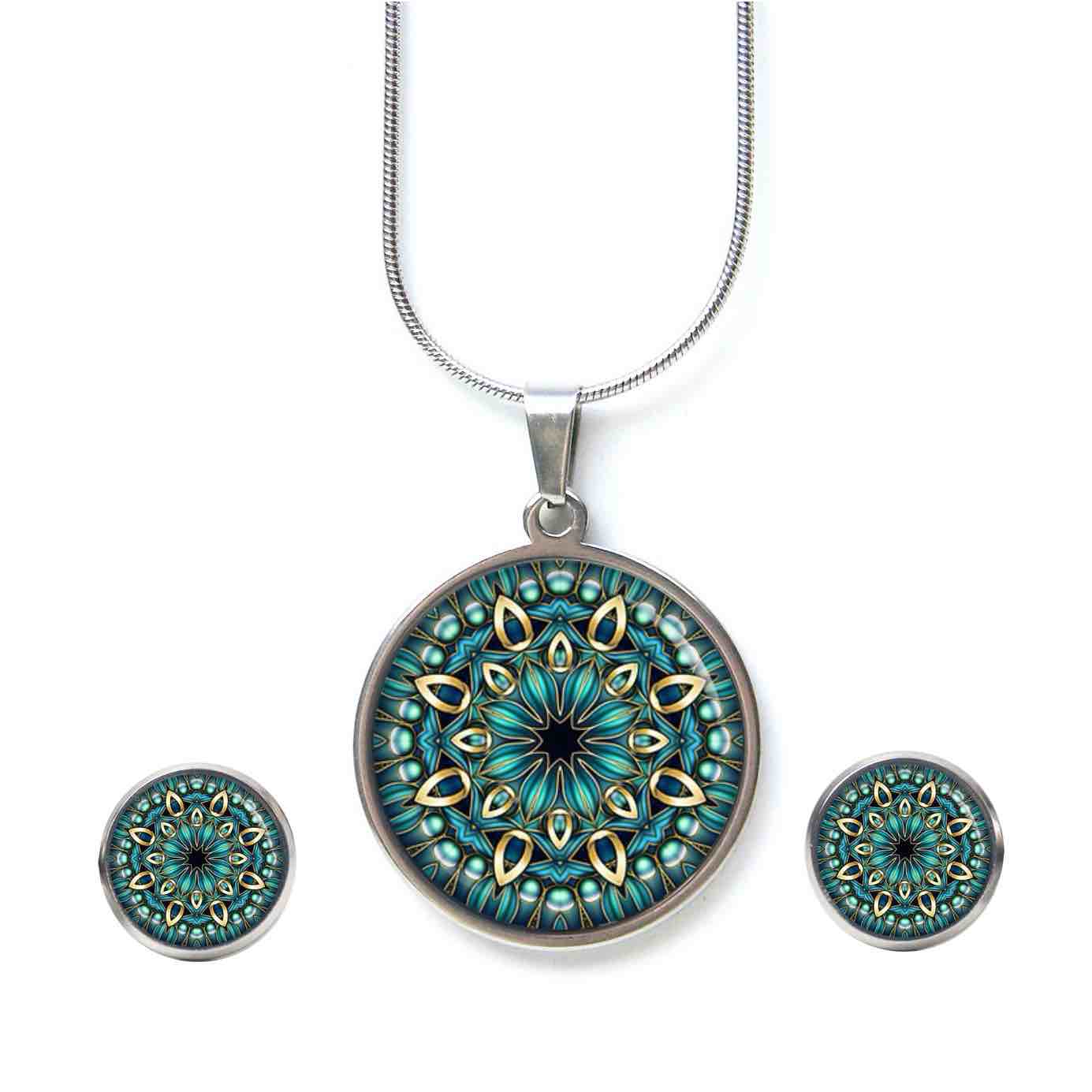 Mandala Schmuckset Türkis – Kette & Ohrringe mit Mandala Motiv – Edelstahl Halskette und Ohrstecker – Boho Schmuck Geschenk Mandala Schmuckset Türkis - Kette & Ohrringe mit Mandala Motiv - Edelstahl Halskette und Ohrstecker - Boho Schmuck Geschenk