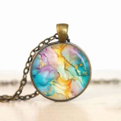 Marmor Schmuck Set Türkis Rosa Gold - Kette mit Ohrsteckern - Edler Aquarell Optik Schmuck modern & zeitlos - Geschenk für Frauen