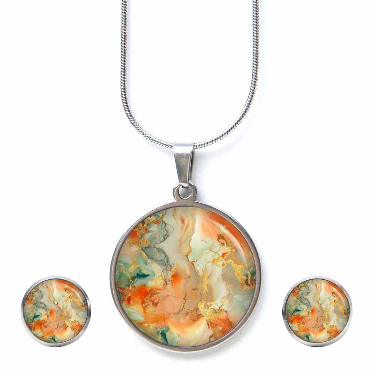 Orange Gold Marmor Schmuck Set – Kette mit Ohrsteckern – Edler Motiv Schmuck modern & zeitlos – Geschenk für Frauen Orange Gold Marmor Schmuck Set - Kette mit Ohrsteckern - Edler Motiv Schmuck modern & zeitlos - Geschenk für Frauen