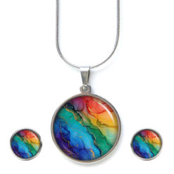 Regenbogen Marmor Schmuck Set - Kette mit Ohrsteckern - Edler Motiv Schmuck modern & zeitlos - Geschenk für Frauen