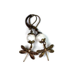 Vintage Ohrringe Libelle Bronze - Handmade Edelstahl Ohrhänger mit Perle | Just Trisha | Geschenkidee