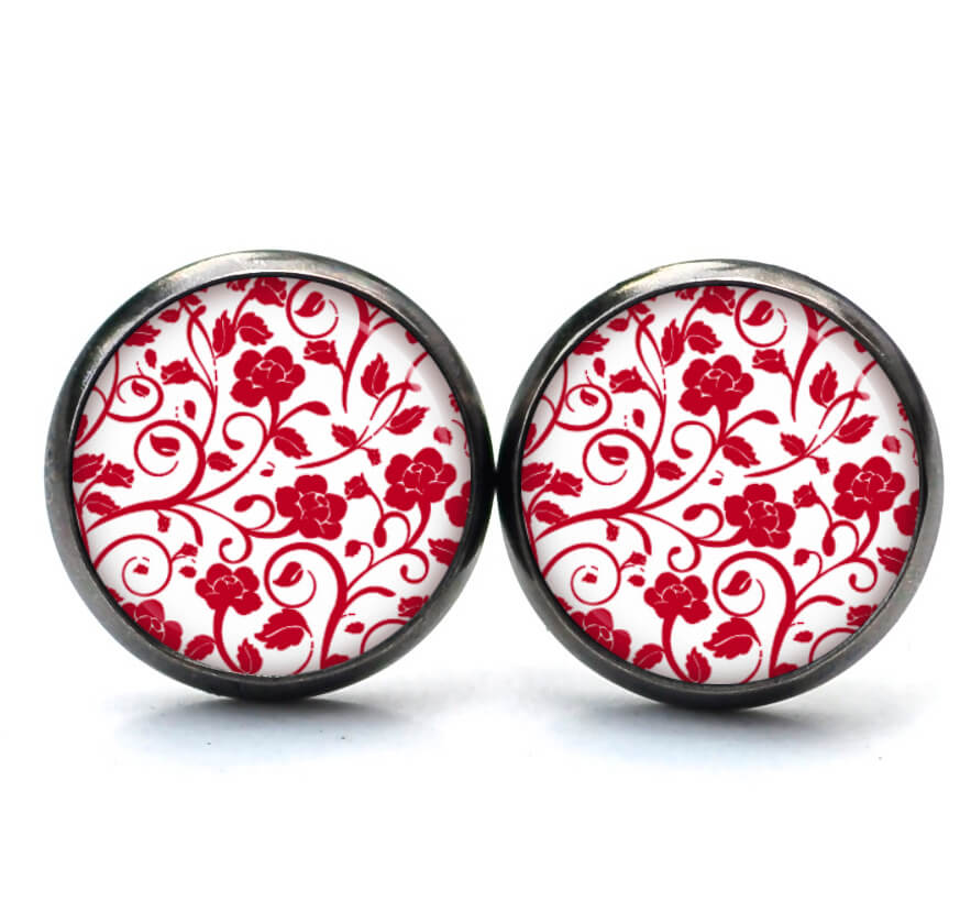 Ohrstecker, Ohrhänger, Clipse & Druckknopf – Motiv Romantische Rosenranken Rot Weiß – Schmuck aus Edelstahl Ohrstecker, Ohrhänger, Clipse & Druckknopf – Motiv Romantische Rosenranken Rot Weiß – Schmuck aus Edelstahl