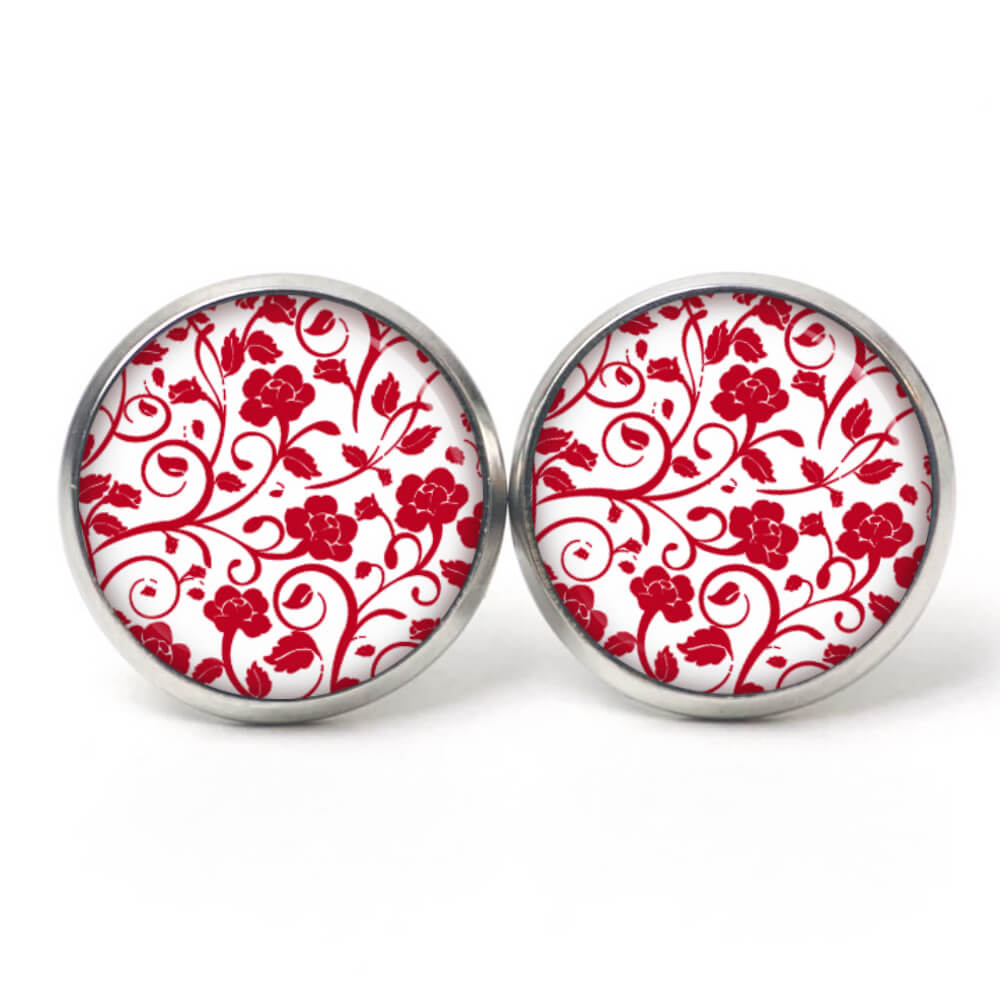 Ohrstecker, Ohrhänger, Clipse & Druckknopf – Motiv Romantische Rosenranken Rot Weiß – Schmuck aus Edelstahl Ohrstecker, Ohrhänger, Clipse & Druckknopf – Motiv Romantische Rosenranken Rot Weiß – Schmuck aus Edelstahl