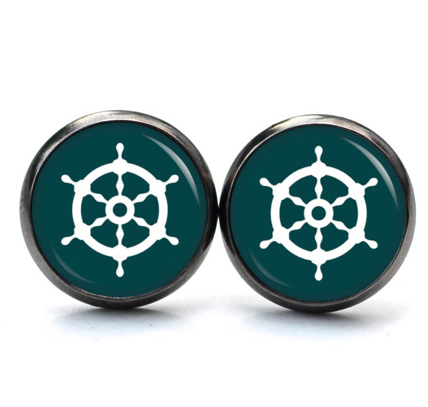 Ohrstecker, Ohrhänger, Clipse & Druckknopf – Motiv maritim Schiff Steuerrad Dunkelgrün – Schmuck aus Edelstahl Ohrstecker, Ohrhänger, Clipse & Druckknopf - Motiv maritim Schiff Steuerrad Dunkelgrün - Schmuck aus Edelstahl