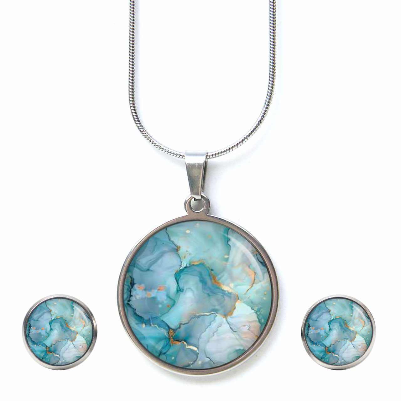 Aqua Schmuckset – Kette & Ohrringe – Marmor Optik – Abstract Boho Geschenk für Frauen Aqua Schmuckset - Kette & Ohrringe - Marmor Optik - Abstract Boho Geschenk für Frauen