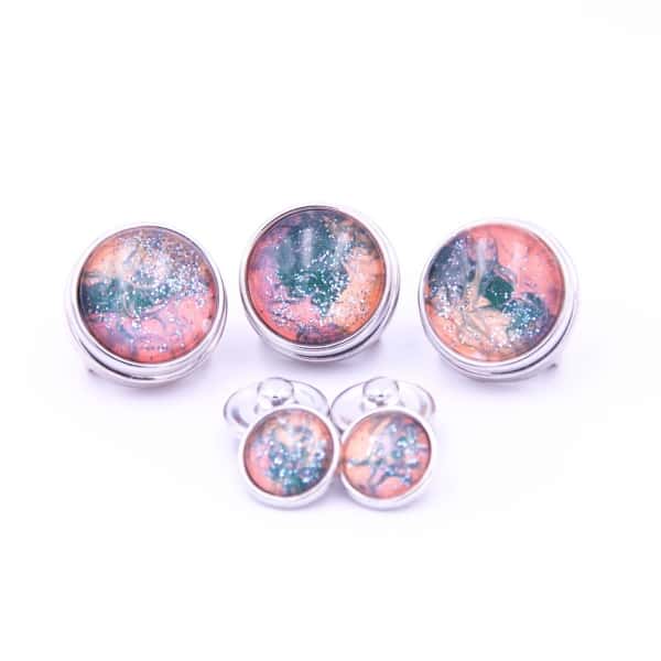 Druckknopf handbemalt grün orange und lachsrosa für Druckknopfschmuck Druckknopf handbemalt grün orange und lachsrosa für Druckknopfschmuck