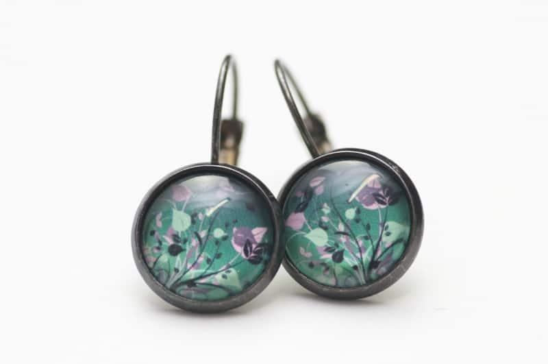 Druckknopf Ohrstecker Ohrhänger Clipse romantische Blumenwiese in grün rosa Druckknopf Ohrstecker Ohrhänger Clipse romantische Blumenwiese in grün rosa