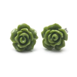 Oliv grüne Rosen Ohrstecker - 10mm - Edelstahl