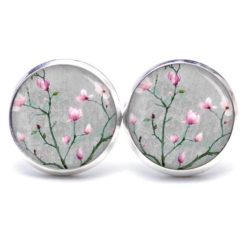Druckknopf Ohrstecker Ohrhänger Clipse Kirschblüten in grau und rosa