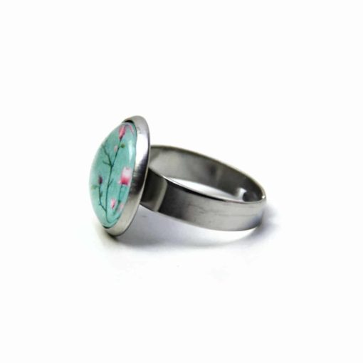 Edelstahl Ring mit türkisen Kirschblüten - verschiedene Größen