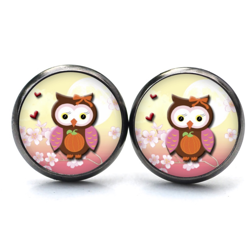 Druckknopf Ohrstecker Ohrhänger Clipse Eulen Dame mit einem Kürbis rosa orange Druckknopf Ohrstecker Ohrhänger Clipse Eulen Dame mit einem Kürbis rosa orange