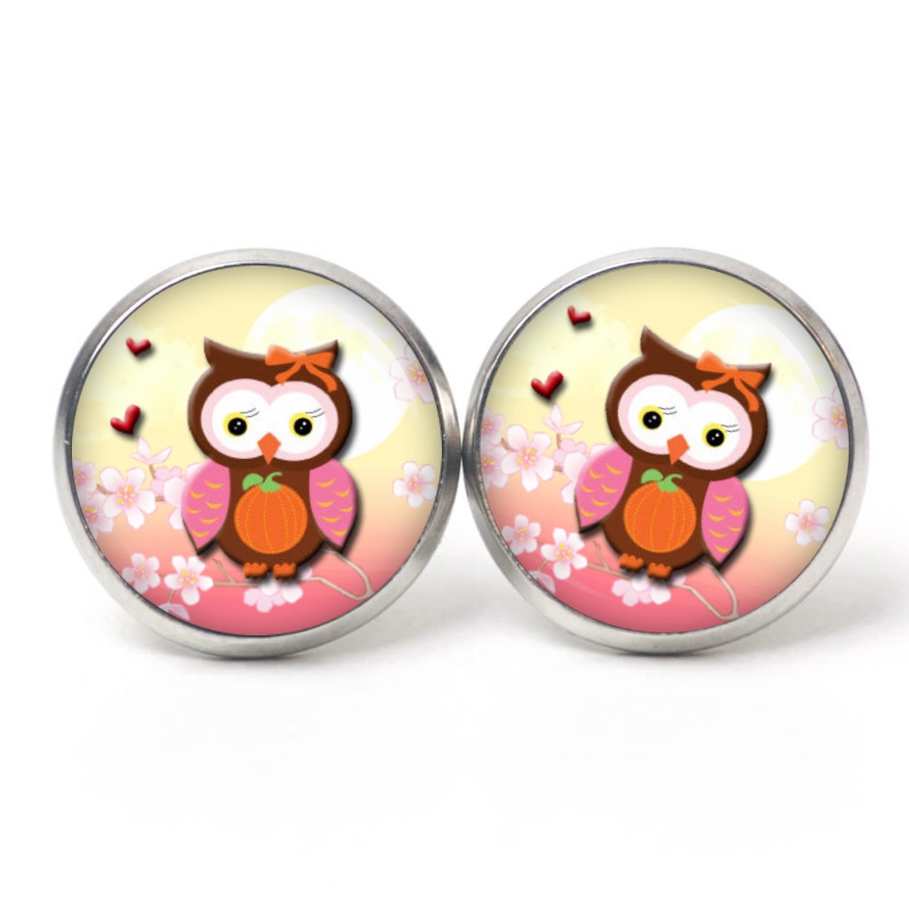 Druckknopf Ohrstecker Ohrhänger Clipse Eulen Dame mit einem Kürbis rosa orange Druckknopf Ohrstecker Ohrhänger Clipse Eulen Dame mit einem Kürbis rosa orange