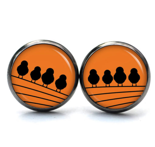 Druckknopf Ohrstecker Ohrhänger Clipse 4 Vögel auf dem Drahtseil orange schwarz