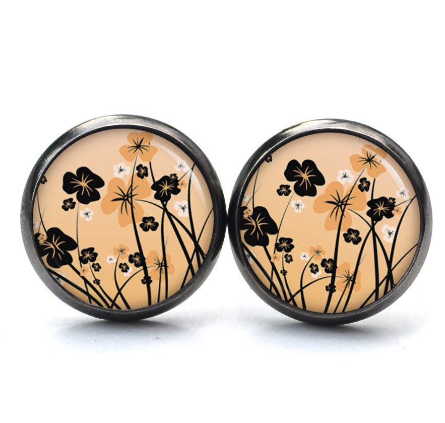 Druckknopf Ohrstecker Ohrhänger Clipse Blumenwiese orange schwarz Druckknopf Ohrstecker Ohrhänger Clipse Blumenwiese orange schwarz