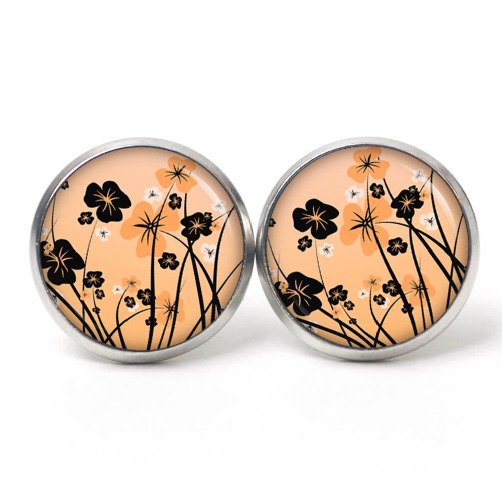 Druckknopf Ohrstecker Ohrhänger Clipse Blumenwiese orange schwarz Druckknopf Ohrstecker Ohrhänger Clipse Blumenwiese orange schwarz