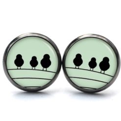 Druckknopf Ohrstecker Ohrhänger Clipse 3 Vögel auf dem Drahtseil grün schwarz