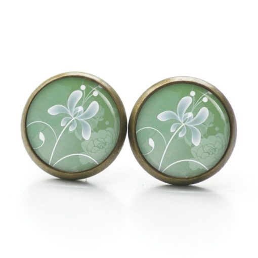 Druckknopf Ohrstecker Ohrhänger Clipse mit einer zarten Blume in grün weiß