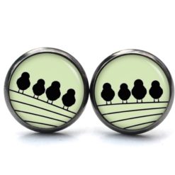 Druckknopf Ohrstecker Ohrhänger Clipse 4 Vögel auf dem Drahtseil grün