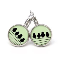 Druckknopf Ohrstecker Ohrhänger Clipse 4 Vögel auf dem Drahtseil grün