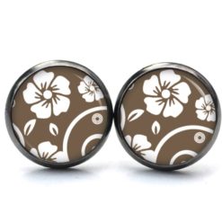 Druckknopf Ohrstecker Ohrhänger Clipse zarte Blumen in dunkelbraun/weiß