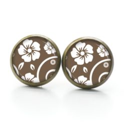 Druckknopf Ohrstecker Ohrhänger Clipse zarte Blumen in dunkelbraun/weiß
