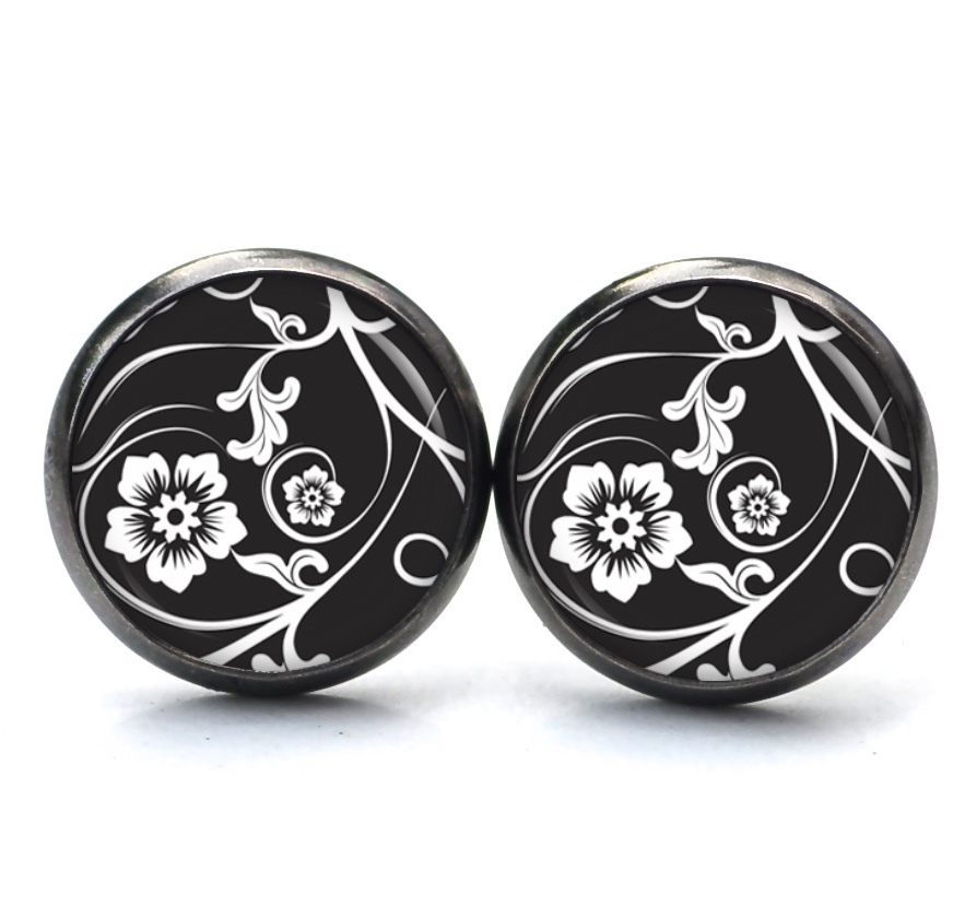 Druckknopf Ohrstecker Ohrhänger Clipse schwarz weiße Blumen Druckknopf Ohrstecker Ohrhänger Clipse schwarz weiße Blumen