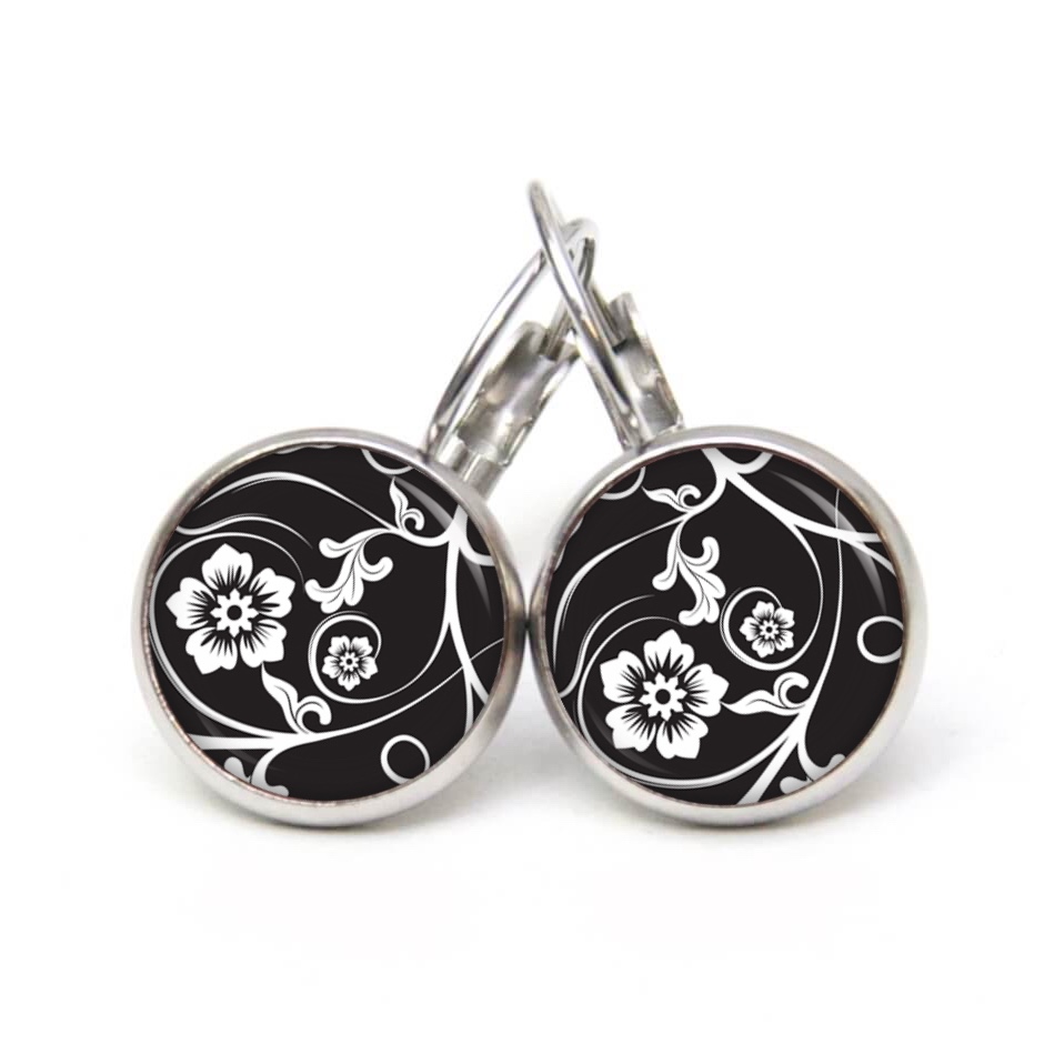 Druckknopf Ohrstecker Ohrhänger Clipse schwarz weiße Blumen Druckknopf Ohrstecker Ohrhänger Clipse schwarz weiße Blumen