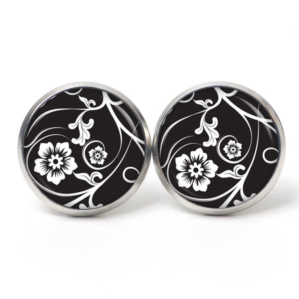 Druckknopf Ohrstecker Ohrhänger Clipse schwarz weiße Blumen Druckknopf Ohrstecker Ohrhänger Clipse schwarz weiße Blumen