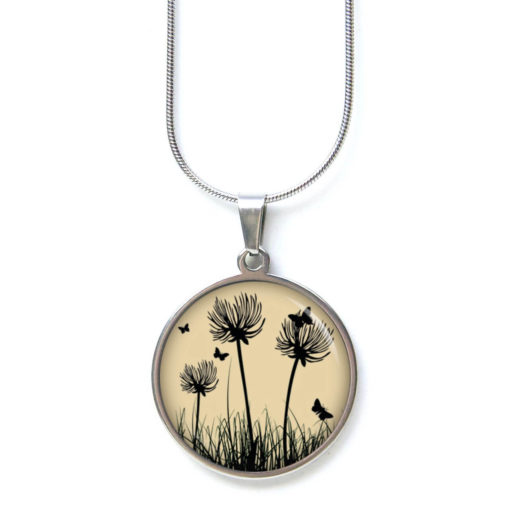 Edelstahl Kette beige schwarze Pusteblumen Löwenzahn Wiese