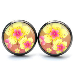 Druckknopf Ohrstecker Ohrhänger japanische Blumen gelb rosa