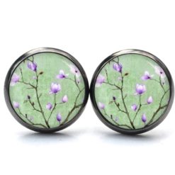 Druckknopf Ohrstecker Ohrhänger Clipse Kirschblüten in grün und rosa