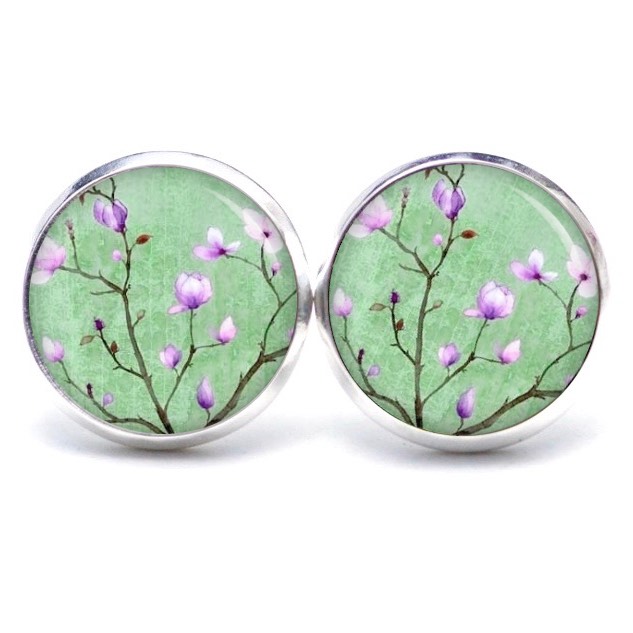 Druckknopf Ohrstecker Ohrhänger Clipse Kirschblüten in grün und rosa Druckknopf Ohrstecker Ohrhänger Clipse Kirschblüten in grün und rosa