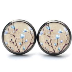 Druckknopf Ohrstecker Ohrhänger Clipse Kirschblüten in beige und hellblau