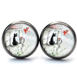 Druckknopf Ohrstecker Ohrhänger Katze mit roten Schmetterling