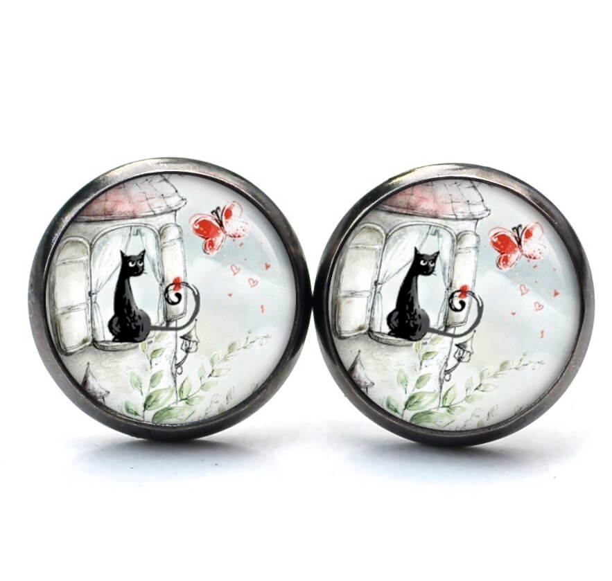 Druckknopf Ohrstecker Ohrhänger Clipse Katze mit roten Schmetterling Druckknopf Ohrstecker Ohrhänger Clipse Katze mit roten Schmetterling