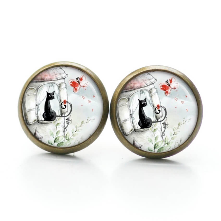 Druckknopf Ohrstecker Ohrhänger Clipse Katze mit roten Schmetterling Druckknopf Ohrstecker Ohrhänger Clipse Katze mit roten Schmetterling