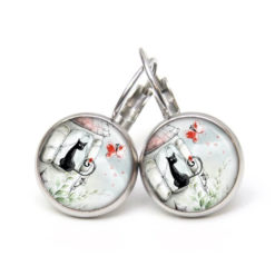 Druckknopf Ohrstecker Ohrhänger Katze mit roten Schmetterling