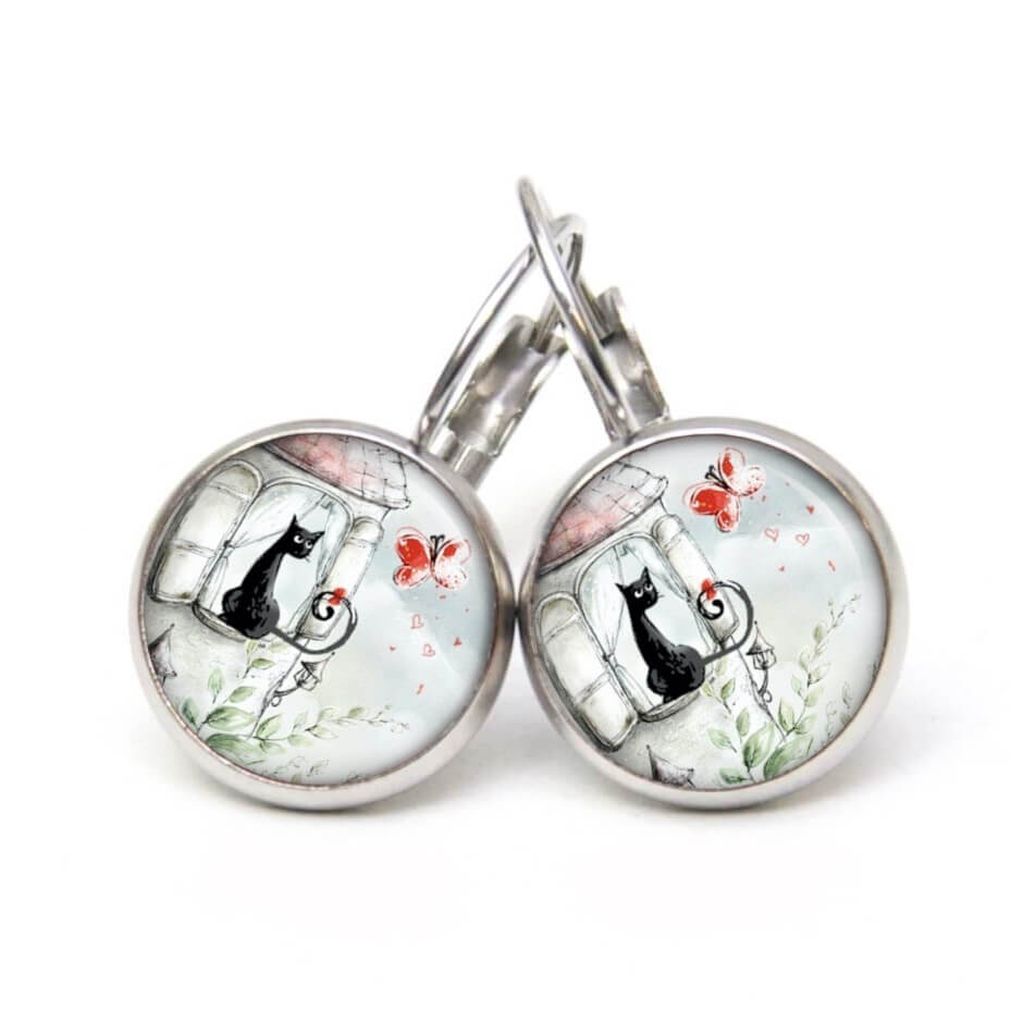 Druckknopf Ohrstecker Ohrhänger Clipse Katze mit roten Schmetterling Druckknopf Ohrstecker Ohrhänger Clipse Katze mit roten Schmetterling