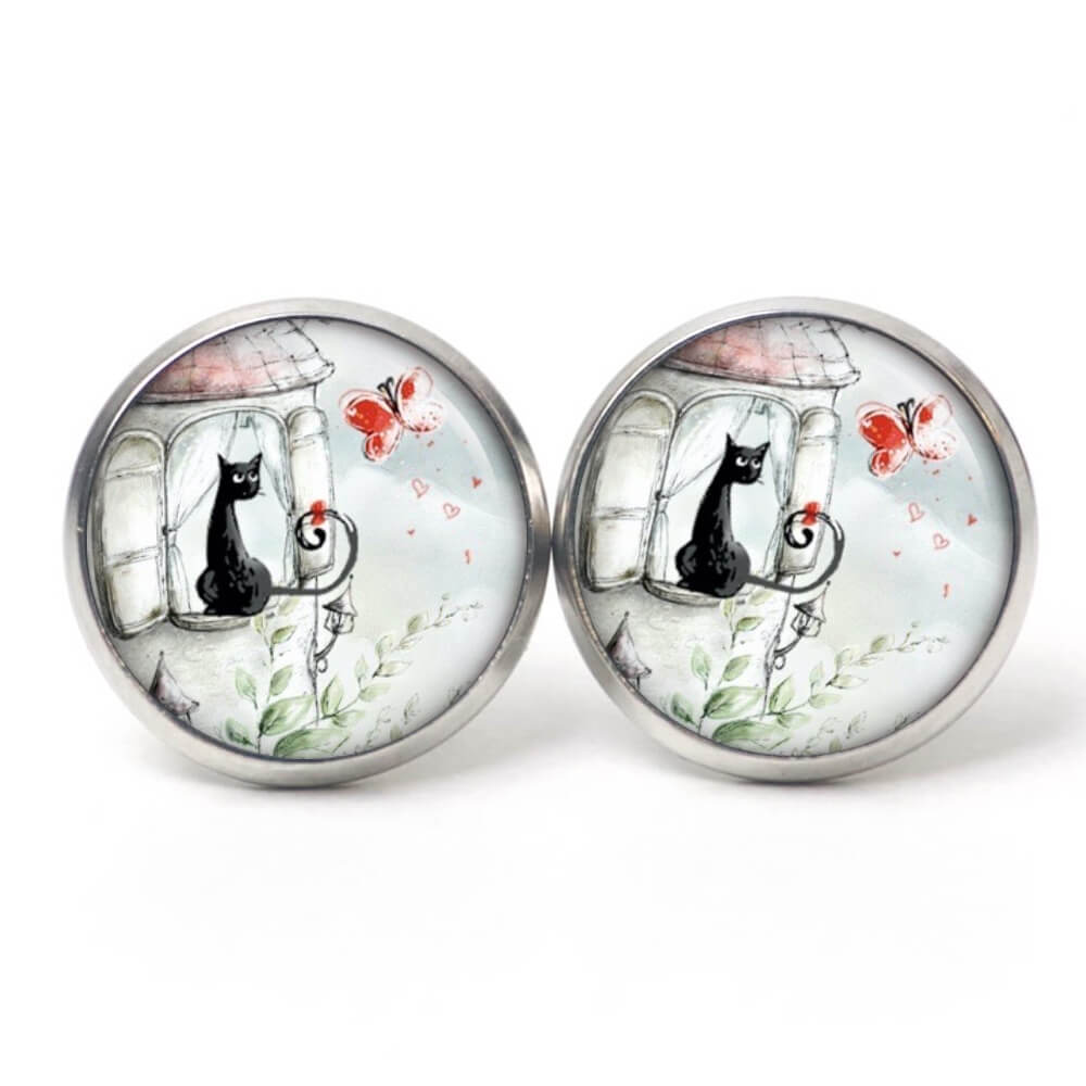 Druckknopf Ohrstecker Ohrhänger Clipse Katze mit roten Schmetterling Druckknopf Ohrstecker Ohrhänger Clipse Katze mit roten Schmetterling