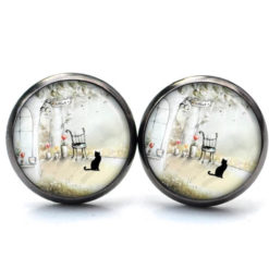 Druckknopf Ohrstecker Ohrhänger schwarze Katze mit einem Stuhl