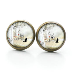 Druckknopf Ohrstecker Ohrhänger schwarze Katze mit einem Stuhl