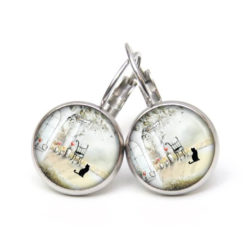 Druckknopf Ohrstecker Ohrhänger schwarze Katze mit einem Stuhl