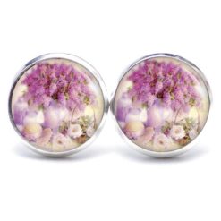 Ohrstecker, Ohrhänger, Clipse & Druckknopf – Motiv Flieder mit Hut – Schmuck aus Edelstahl